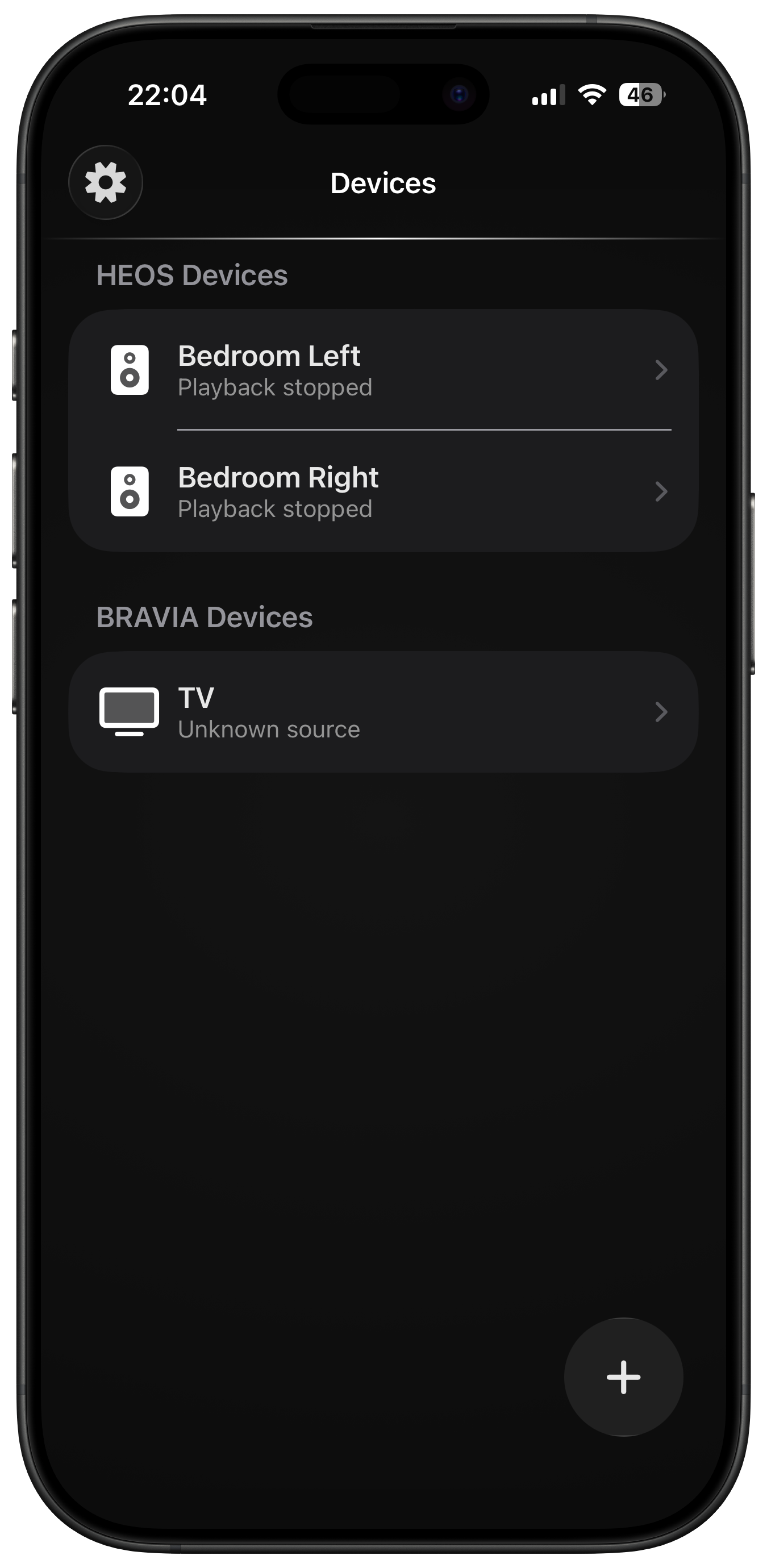 Framed iPhone screenshot showing BRAVIA and HEOS devices in Intellimote